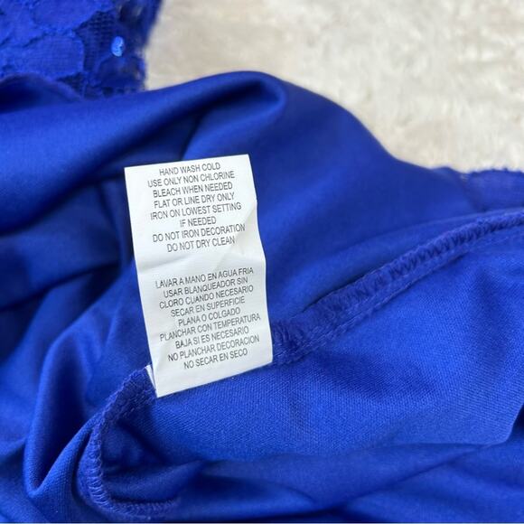 Sequin Hearts mesh back, lace and sequin blue sheath cocktail party dress, 7 - Picture 13 of 14